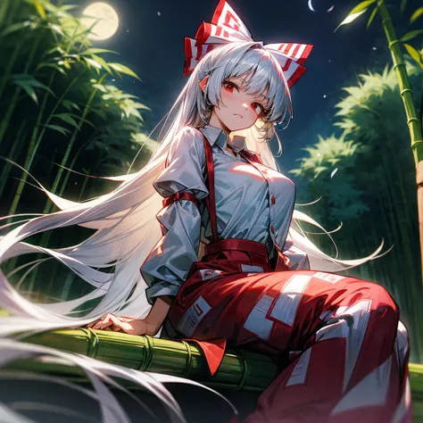 Fujiwara no Mokou(from Touhou) in bamboo forest. She has big tits. She has white hair, red eyes. Shes wearing a white shirt, sit, night, moon, hair ribbons, stay