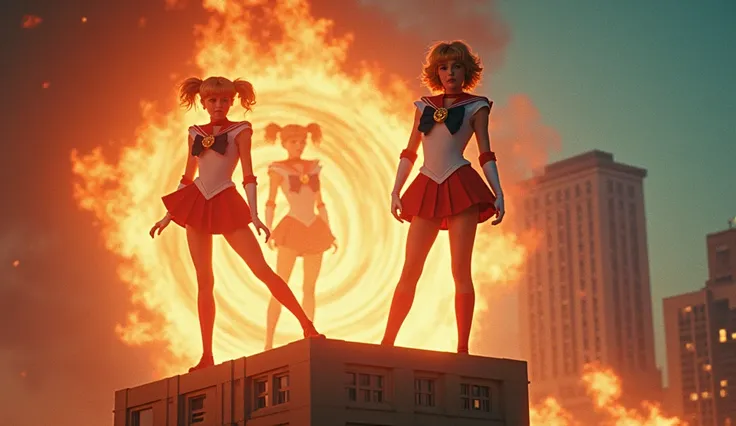 Screengrab of a 1950s Super Panavision 70 movie, retro in color. A realistic scene of Jennifer Connelly as Sailor Mars standing fiercely on top of a building, flames swirling around her hands as she prepares to unleash her fiery attack. In the background, ...