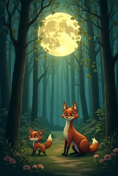 Image 9 :  Moon returning through the forest accompanied by the fox ,  looking around with a satisfied smile ,  live knowing that she has lived a magical experience and has discovered secrets of the forest .

