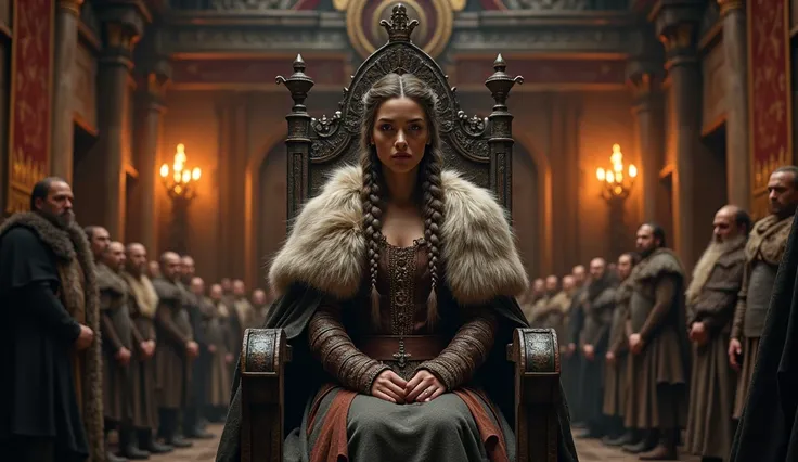 a noble viking woman, in medieval viking clothing, taking place in the great hall on the rulers seat, viking people are joining the great hall, tolling respect to her, dark atmospheric lighting with some torches on the sides and a fireplace in the middle l...