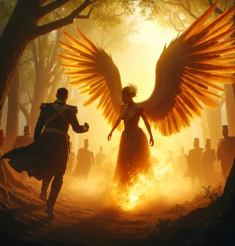 } The scene shows a swivel angle in which the queen Africana moves forward with fluid movements, raising the majestic golden wings as it strikes with determination . The golden light of the sun reflects intensely on his wings and on the detailed costume ...