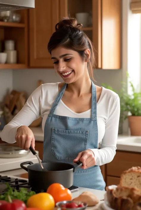 In a warm, inviting kitchen filled with the aroma of freshly baked bread, Mia Khalifa is fully engaged in cooking. She wears a light blue apron over a cozy, white long-sleeve top, paired with comfortable jeans that allow her to move freely. Her hair is loo...