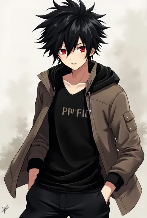 Create an anime character with black hair and a red pupil eye with black pants and black and brown clothes and is a man, Young 