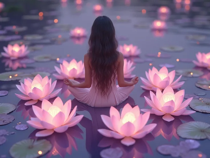  Beautiful girl with long wavy hair,  in a meditation position on water ,  surrounding several lotus flowers with floating glass petals,  like an extremely surreal and fantastic image ,  quiet environment in shades of lilac and pink , with many small brigh...