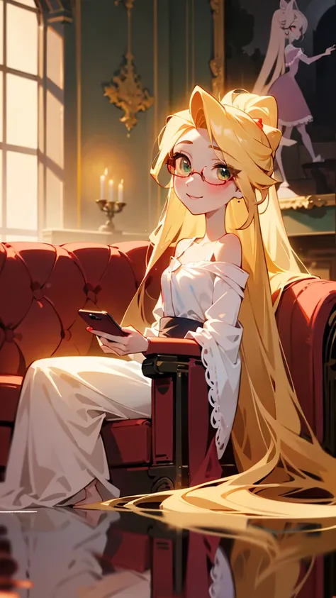 1 girl, solo, masterpiece, best quality, illustration, Rapunzel dressed up as tangled, perfect fusion, rapunzel, extremely long golden blond hair, red ribbon on back of head, one eye covered by hair, Good shapes, perfect lines, perfect lineart, professiona...