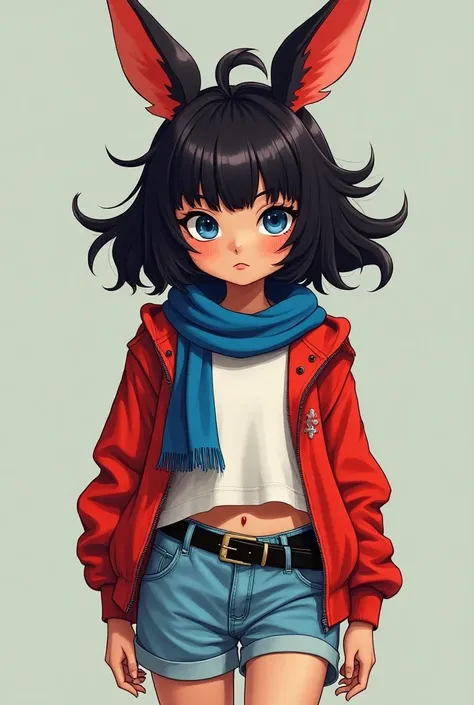 a girl,  teenager,  big red and black hair, fringe,  rabbit ears ,  tanned skin , blue eyes, white shirt, medium tits ,red sweatshirt, blue scarf,black belt,  light blue shorts , red shoes