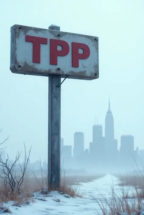 Sign that says TPP and a distant snowy city in the background