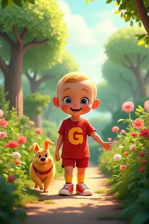 design , Boy little bald  ,  red t-shirt with letter G on the front, Red Bermuda Shorts, yellow socks and red sneakers walking in a garden with a skinny yellow dog, short tail