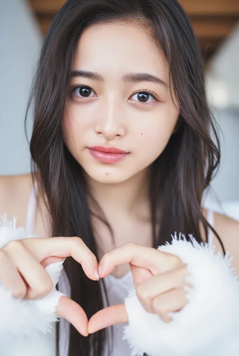 Only one woman with a cute smile wears cute, fluffy off-shoulder pajamas, makes a big heart shape with both hands, and poses them in front of her chest, View above collarbone、The background is a monotone