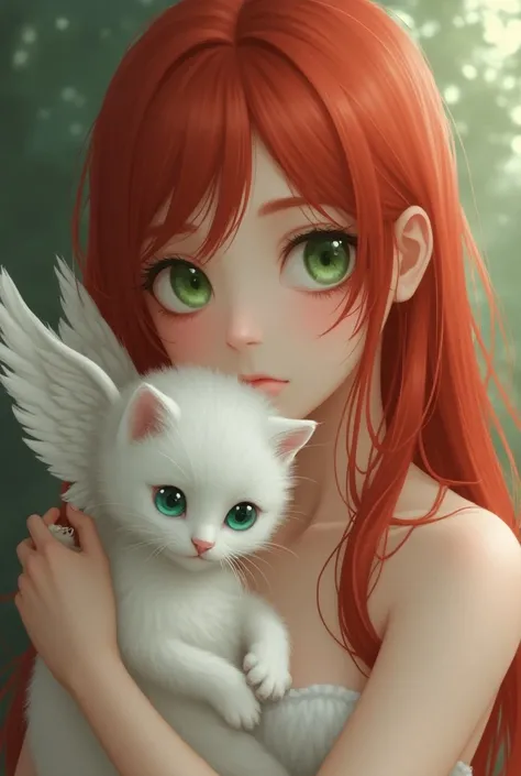 An anime-like image of a pale-skinned woman, long straight red hair and green-brown eyes, hugging a white kitten with angel wings with one green eye and the other light blue 