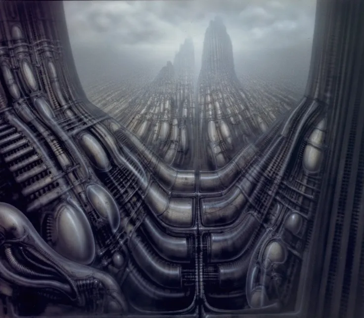 HRGGR, The image is a detailed view of H.R. Gigers biomechanical tableau " HRG NY CITY" plate, featuring ( Gigers is a fantasy-style illustration of a complex, intricate mechanical structure, resembling a futuristic city or fortress, with a central towerin...