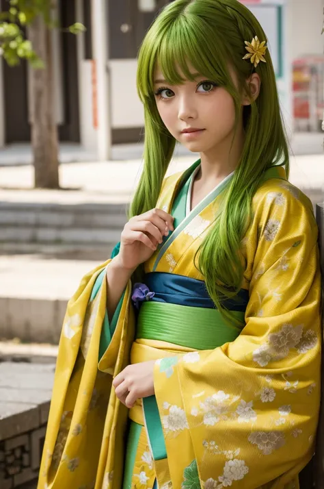 golden eyes, yellow-green hair, kimono