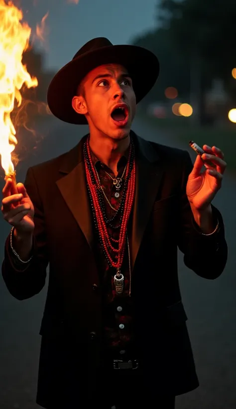  A man in a black feldora suit and hat ,wearing various red and black bead necklaces,His eyes are the color of fire,  setting fire to his hat and suit , holding a cigar in his hand ,  with his mouth open as if screaming, on a road at night 