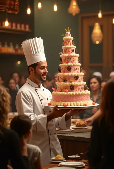  Confectionery Presenting the Final Cake :  An image of the pastry chef holding the finished cake, impeccably decorated ,  while everyone around looks on in awe .
