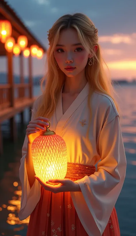 Full body view of a cute looking girl with hair in golden yellow Thai dress, holding a reed lantern with incense flowers and candles, standing at the pier decorated with beautiful lights at dusk. 3D digital oil painting