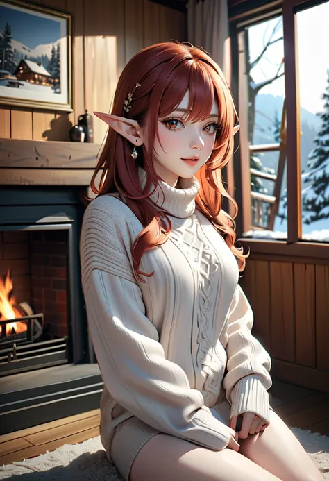 detailed textures, high quality, high resolution, high accuracy, Realism, color correction, correct lighting settings, harmonious composition. (( best quality)), ((masterpiece)), (detailed),  1girl,  sexy, elf,  pale skin,  red wavy hair ,  pointy ears ,  ...