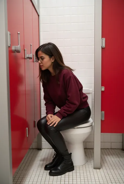 a public bathroom. it has 3 stalls which have white toilets inside, with red doors with silver metal frames, white tiled walls, white mosaic floor. there is a young mexican woman of about 20 years old, with dark skin, dark brown hair, thin of average heigh...