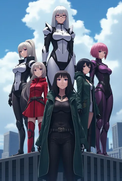 A group of five anime-style women with different poses with serious and cold expressions on top of a building looking up at the sky dressed in futuristic clothes similar to armor and green jackets, one of them is tall with white hair and her armor is white...