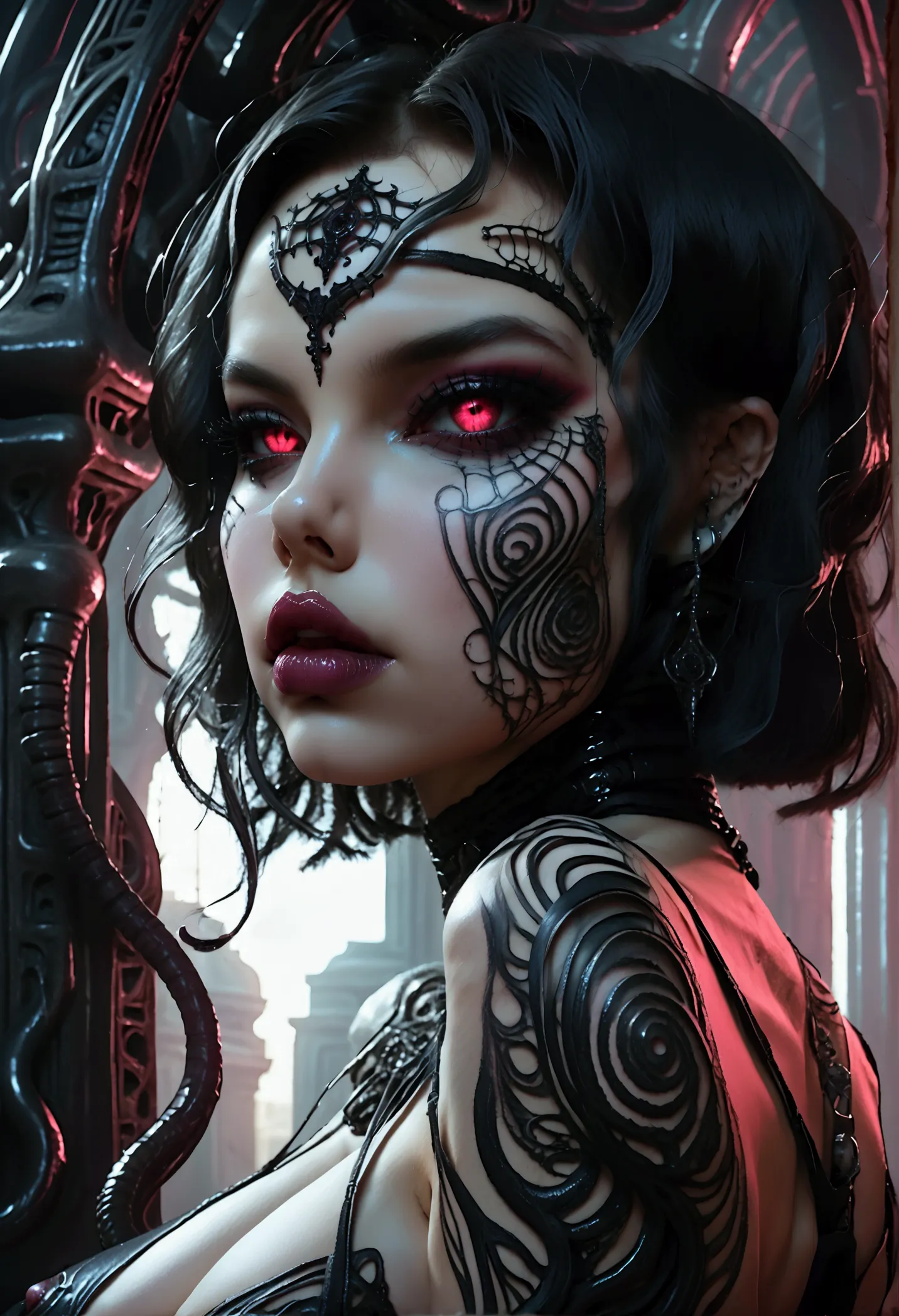 hr giger tattooed sexy seductive dead girl, ruby eyes,