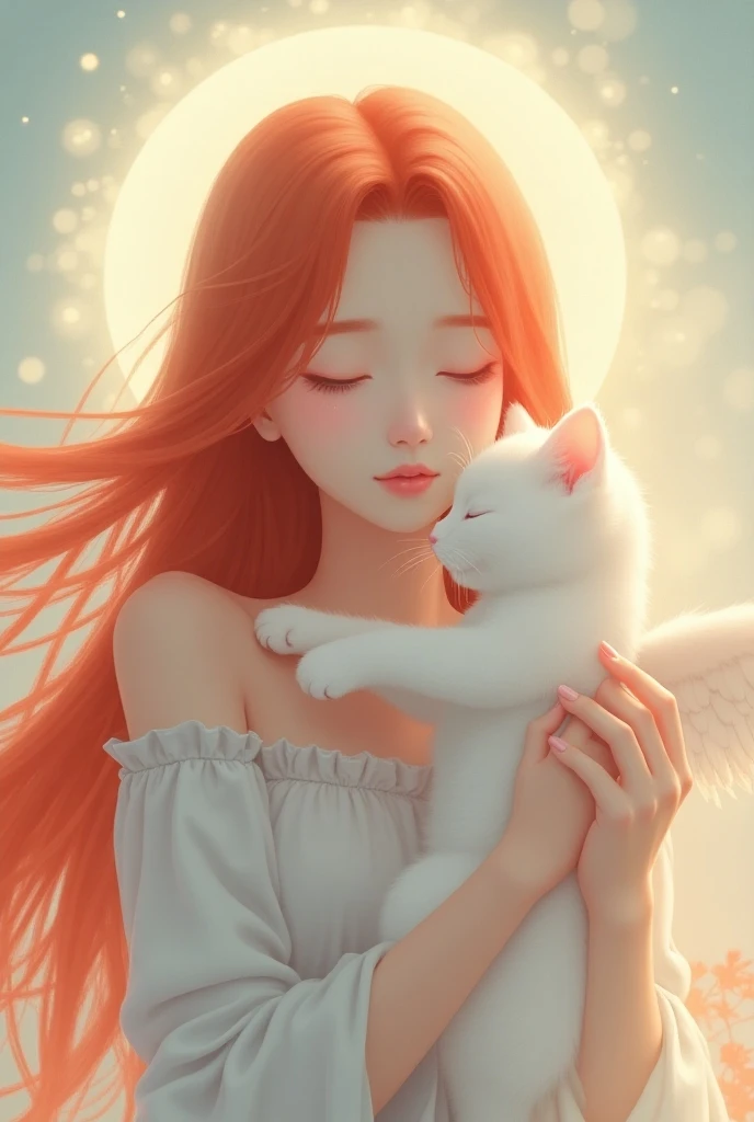 An anime-like image of a pale-skinned woman, long, smooth red hair and closed eyes , hugging a white kitten with a aureole and wings