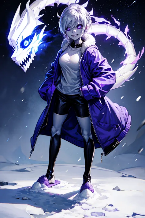 toby fox undertale sans purple jacket white shirt , slippers , fire eyes skull smile silver hair short messy shimmering sexy dra...