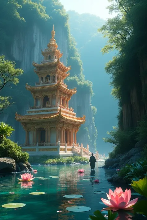 (masterpiece, top quality, best quality, official art, beautiful and aesthetic:1.2), extreme detailed,(fractal art:1.3),colorful,highest detailed portrait beautiful Temple in dense jungle, cliffs, waterfalls, lotus scattered on reflecting pools, Cao Dai Te...