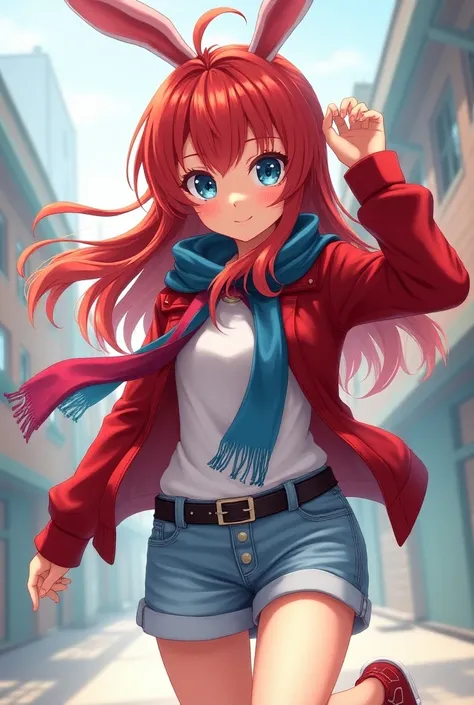  an anime girl ,  teenager, long red hair, fringe,  rabbit ears ,  tanned skin , blue eyes, white shirt, medium tits ,red sweatshirt, blue scarf,black belt,  light blue shorts , red shoes