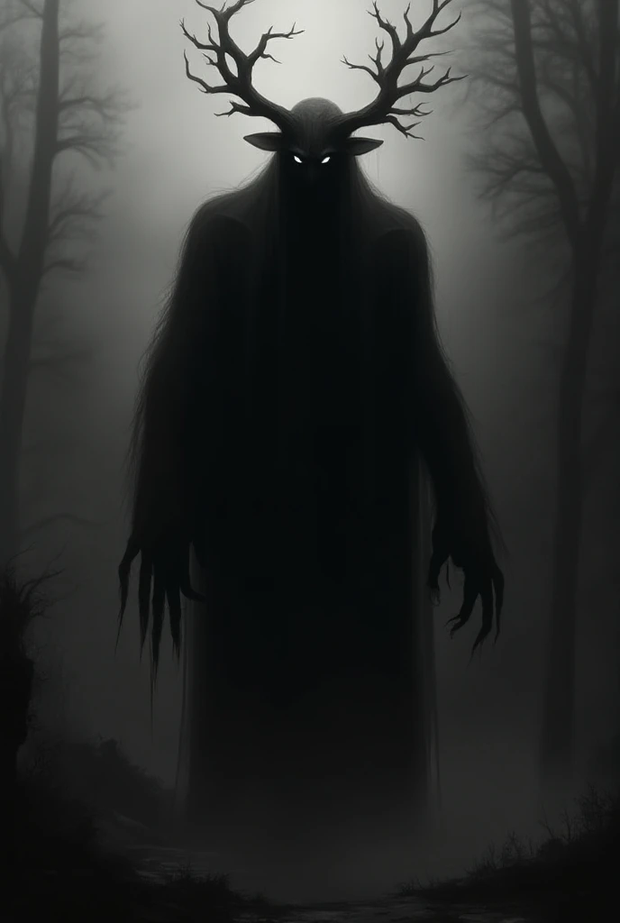  Tall body dark as charcoal , shadow body , ghost,  face unrecognizable by the dark, white eyes without pupils, dark aura, Intense aura,  nostalgic environment, Gloomy atmosphere, black and white environment ,  is so dark that you cant see his face,  long,...