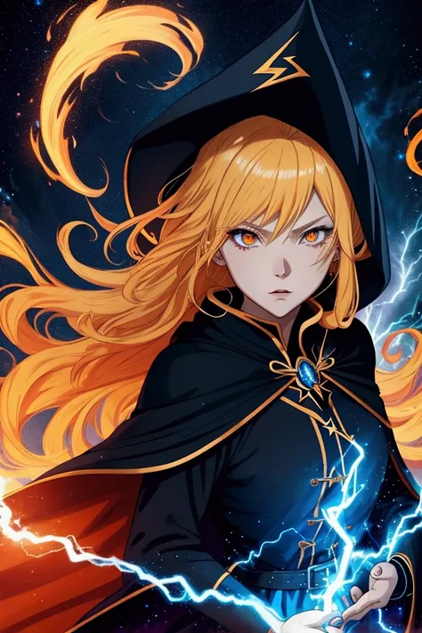 wizard woman, have power like majesty god in anime, orange eye color , blonde hair , black clothes and blue cape, conjuring a lightning