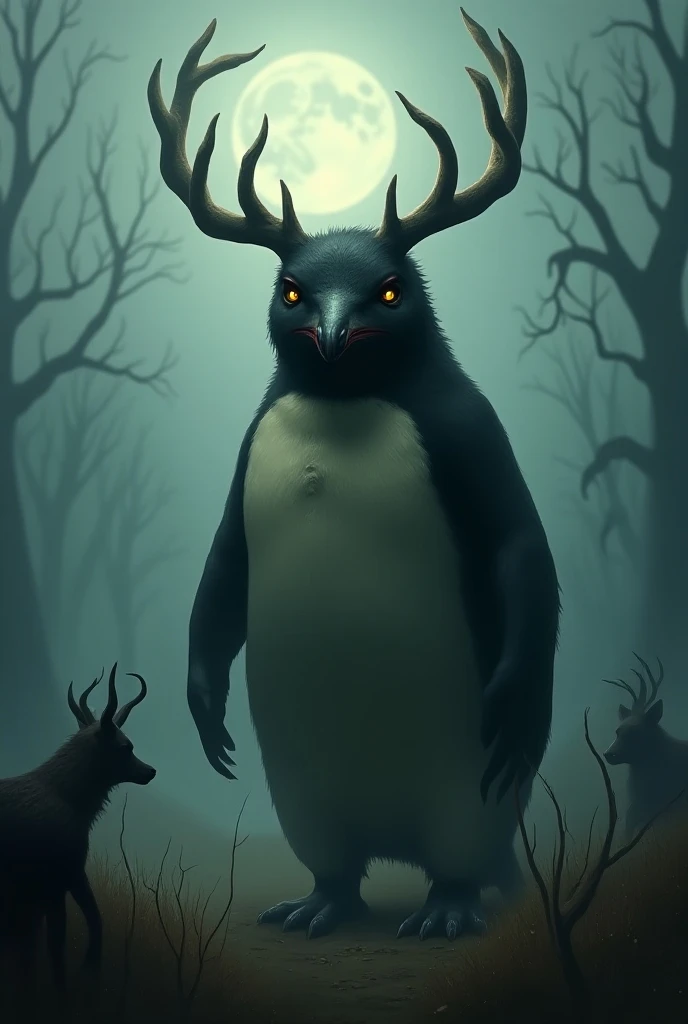  A creepy creature that combines a penguin with Deer horns,  on a dark golf course shrouded in fog .  The creature has the shady and worn body of a penguin ,  with sharp deer horns that give it a sinister appearance .  Their expression is empty and disturb...