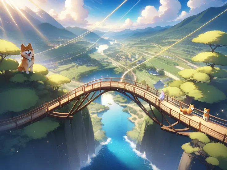 (((つり橋を渡るちびShiba Inuのぬいぐるみ)))、(Shiba Inu)、、 breathtaking rendering、Sparkling Connections 、Poured Light、A stuffed little Shiba Inu crossing a suspension bridge through a vast natural valley 、((ちびShiba Inuのぬいぐるみのアイコン))、 Little Kid Outfits 、Make your eyes spa...