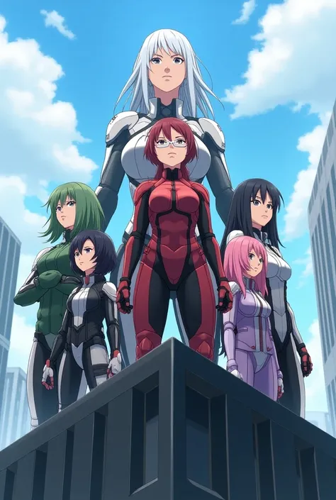 A group of five anime-style women with different poses with serious and cold expressions on top of a building looking up at the sky dressed in futuristic clothes similar to armor and green jackets, one of them is tall with white hair and her armor is white...