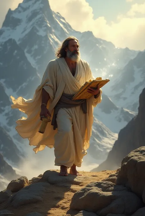 Moses coming down a mountain with the tablets of the law his face with a little light because he is in the presence of God