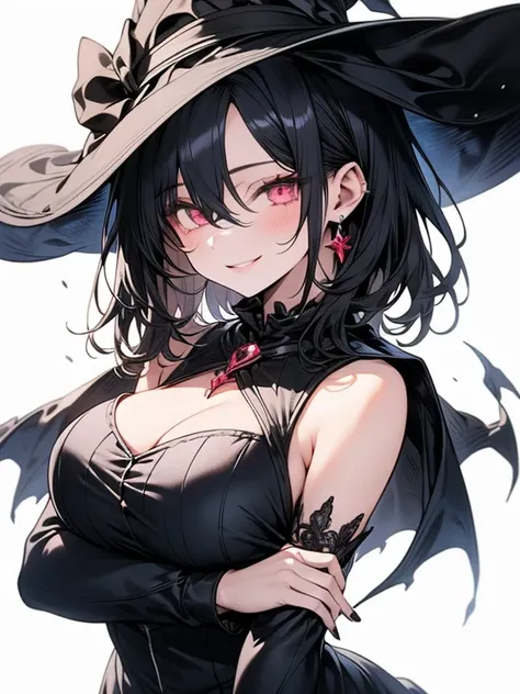 masterpiece, best quality, 16k, detailed eyes, 1 girl, 28yo, medium hair, black hair, hair is between eyes, large breasts, sagging breasts, pink eyes, oval eyes, round eyes, kind eyes, smile, witch, (half-closed eyes:0.8)