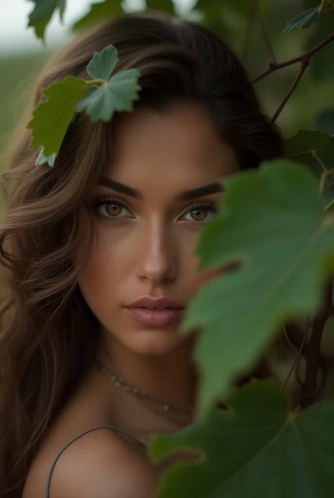  high resolution photographic image ,  with a beautiful woman with long and wavy hair ,  she is behind a grapevine only her amber eyes appear in macro focus. Behind her, The figure of a tall and strong man .