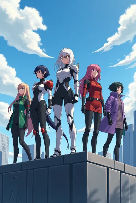 A group of five anime-style women with different poses with serious and cold expressions on top of a building looking up at the sky dressed in futuristic clothes similar to armor and green jackets, one of them is tall with white hair and her armor is white...