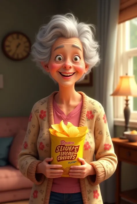 Granny holding a bag of Sabritas crispy recipe animated version 
