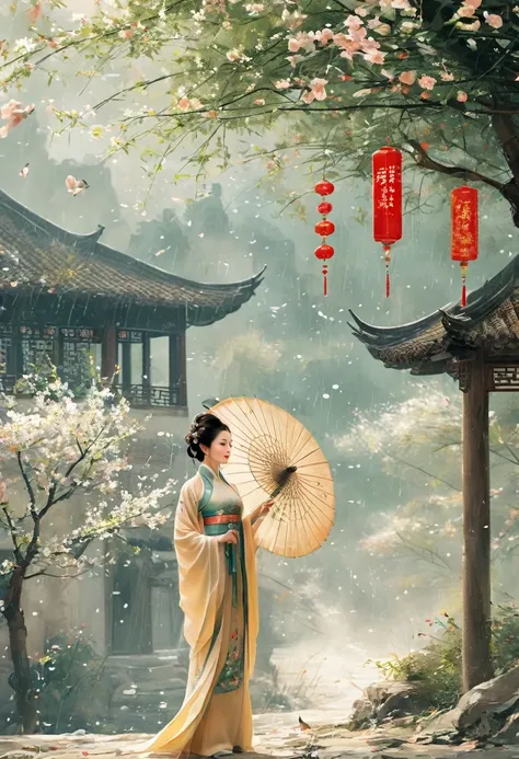 （Poster design），（（ Lichun poster ）），Spring flowers， traditional Chinese architecture ，， A woman wears Hanfu ， Landscape of people ，（ There are in the upper left corner（Spring） The Chinese characters ， Microsoft Yahei ）