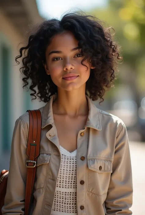 Beautiful white girl with American features, with short dark brown curly hair, with clothes to go out 