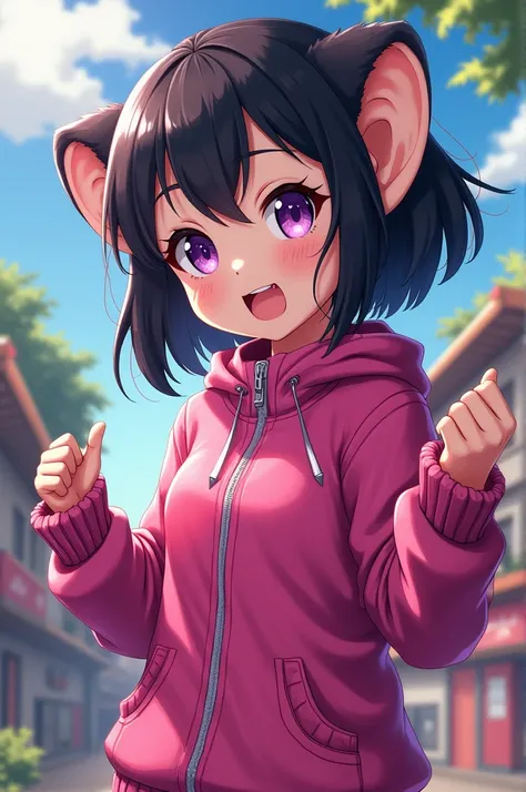 Half-monkey anime girl with black hair and pink clothes 