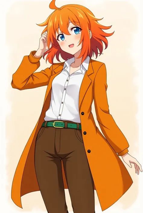 Create a character with orange hair or orange coat and a white blouse blue eye a green belt a brown pants full body anime version