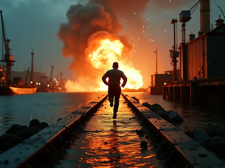 Description for Sea Art AI: An industrial dockyard under the dark sky, with Bond running down a narrow steel walkway. Behind him, an explosion erupts in bright orange flames, sending debris into the air. The blast’s light reflects off the water as Bond bar...