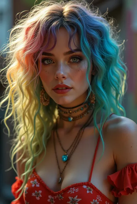 Please,  create an image of the character Ayla in the style of Monica Jovems Gang .  She has an alternative look ,  with hair colored in eccentric tones and accessories that mix crystals and vintage items.  Ayla must have an authentic and slightly mysterio...