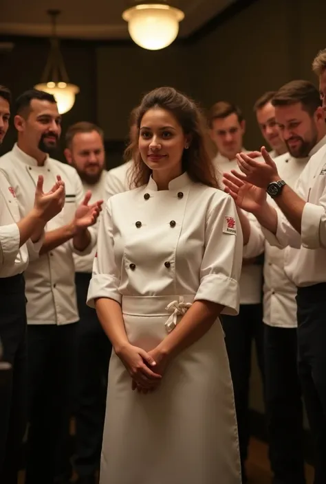 Confectioner Receiving the Position of Pastry Chef :  Final scene of the pastry chef being applauded and receiving the chefs apron at the restaurant.