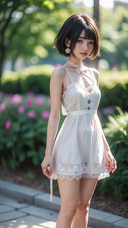 A girl standing in a garden surrounded by flowers, full body ，The whole body is standing， side angle ，Sexy and seductive girl， sexy, tight lace dress with exposed shoulders， sheer transparent dress ， Short dress ，A lightweight, form-fitting dress，  photo v...