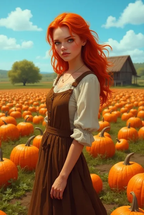  Beautiful red-haired peasant . old dress.  Pumpkin plantation. Hut in the background . blue sky. 