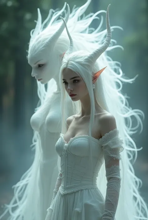 
Kui is a dragon-elf hybrid woman, with white skin, long white hair, and white horns. She has brown eyes and wears an elegant white corset. Her presence is ethereal, radiating power and grace.

Next to her stands him guardian is very big and he float, a to...