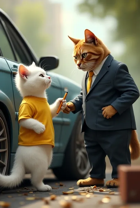 A white cat in a yellow T-shirt is standing and drawing a pencil on the door of a BMW parked on the side of the road. A pencil box is placed on the floor and a big cat in a suit is standing and looking at it with an angry face.