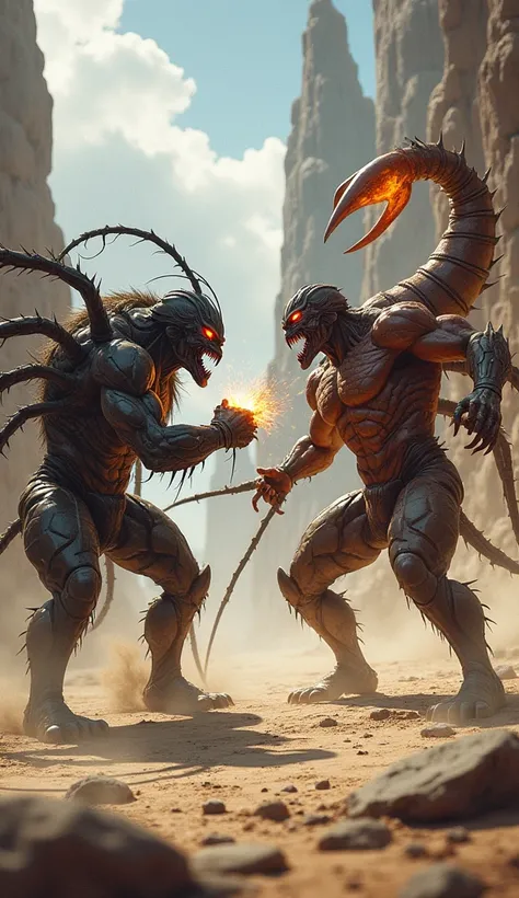 Spider vs Scorpion,  both muscular humanoid in warrior clothing  