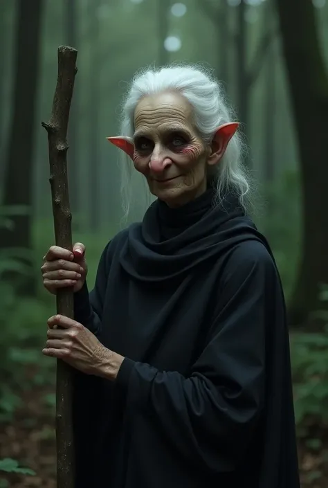 Make a macabre old woman with white hair and holding a staff in a forest. Her nose is proboscis, as she is a macabre witch. She is smiling, looking at the viewer, use the realistic style to increase the terror of the scene.